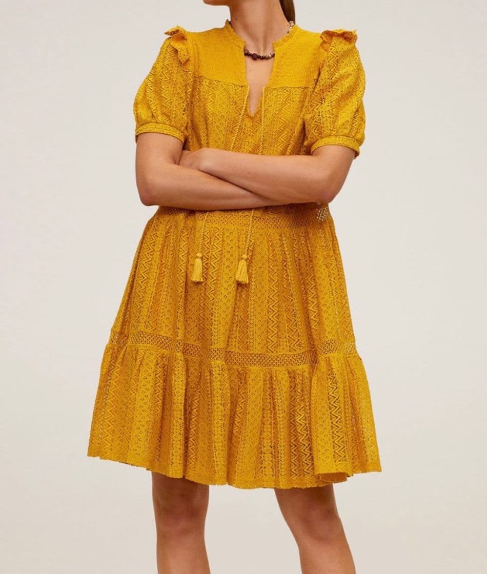 Moda Vestido ponto aberto algodão - amarelo