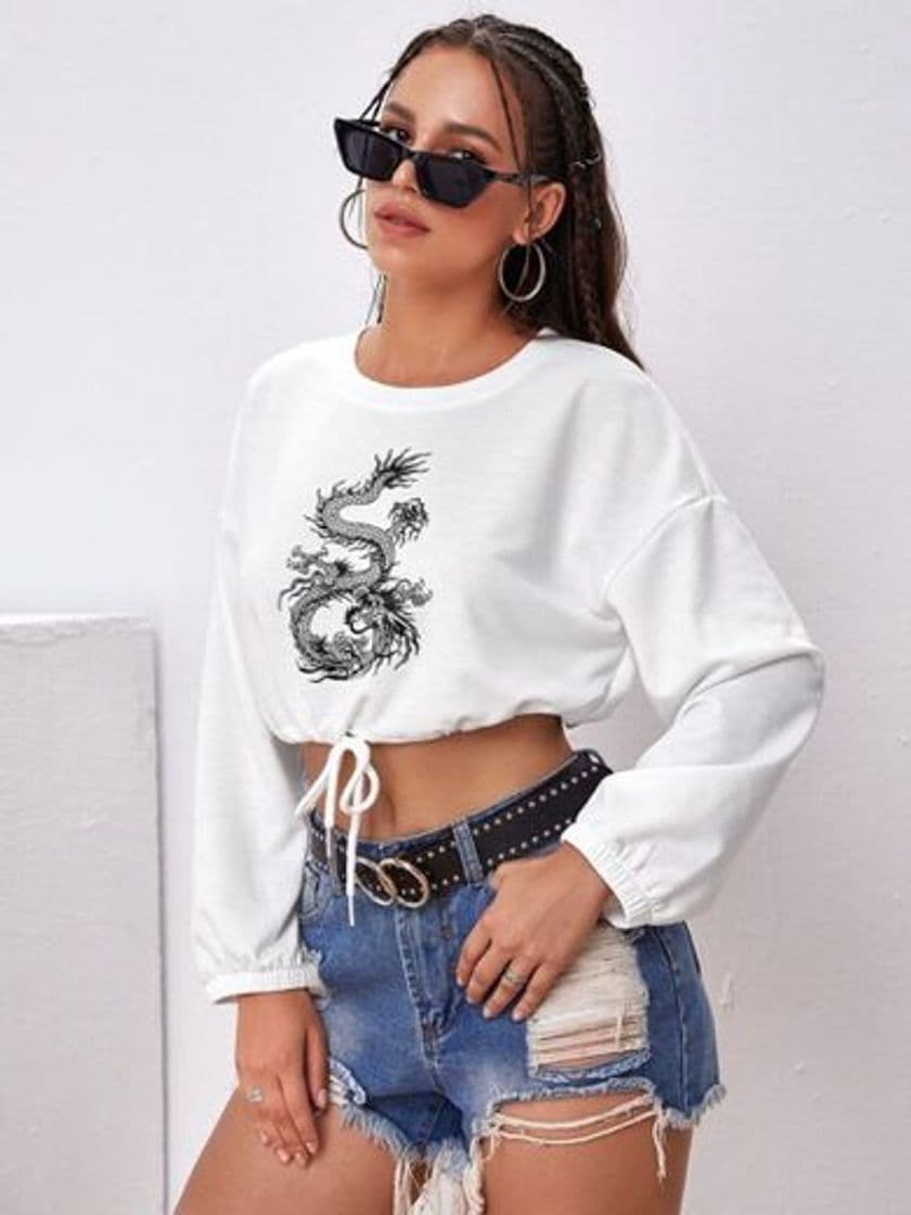 Moda Sudadera cordón animal blanco casual 🐉🤍