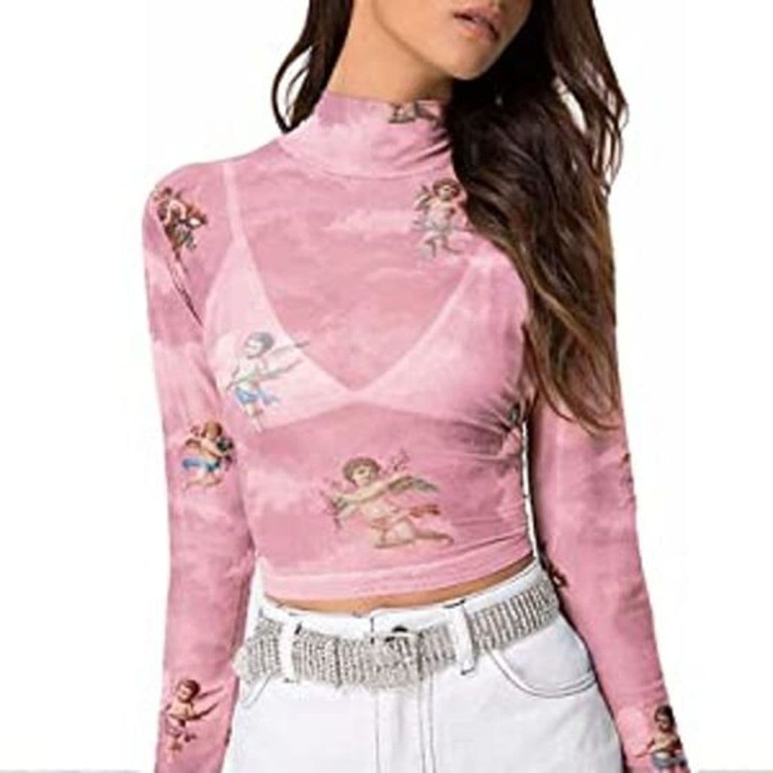 Product Loalirando Crop-Top Transparente Mujer Sexy de Manga Larga con ángeles Impresos Top