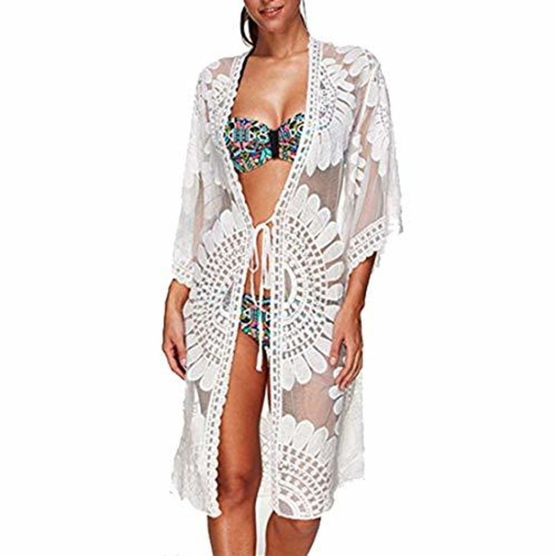 Moda Wantbgd Ropa Cardigan Verano Florale Playa Mujer Bikini Cover up Encaje Kimono