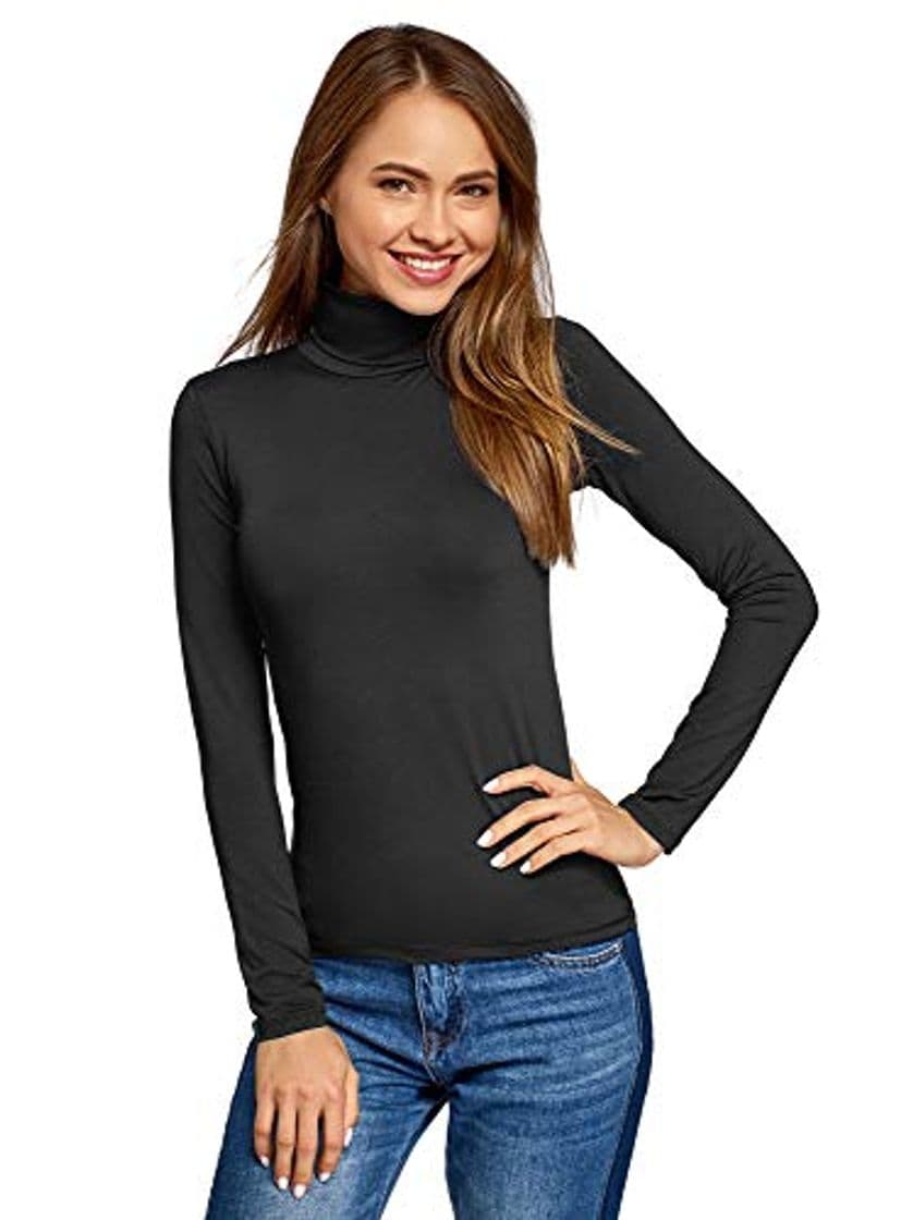 Fashion oodji Ultra Mujer Suéter de Cuello Alto Básico Ajustado, Negro, ES 36