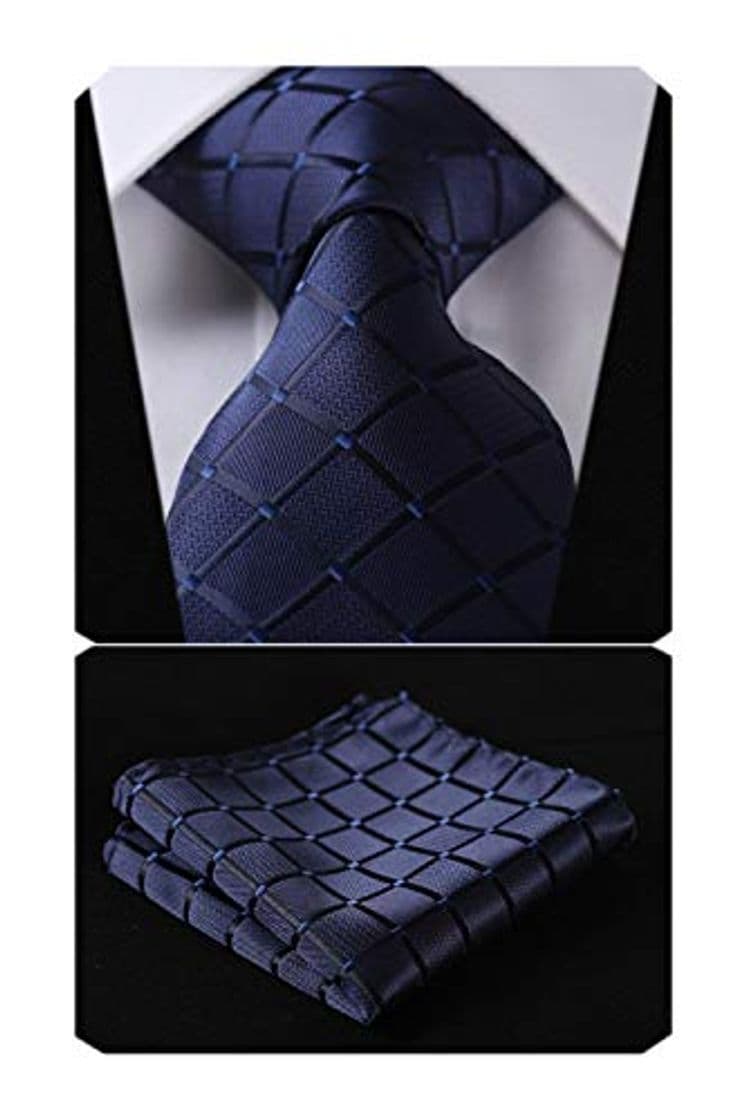 Fashion HISDERN Comprobar lazo de la boda Pa?uelo Hombres Corbata & Plaza de bolsillo Conjunto azul marino