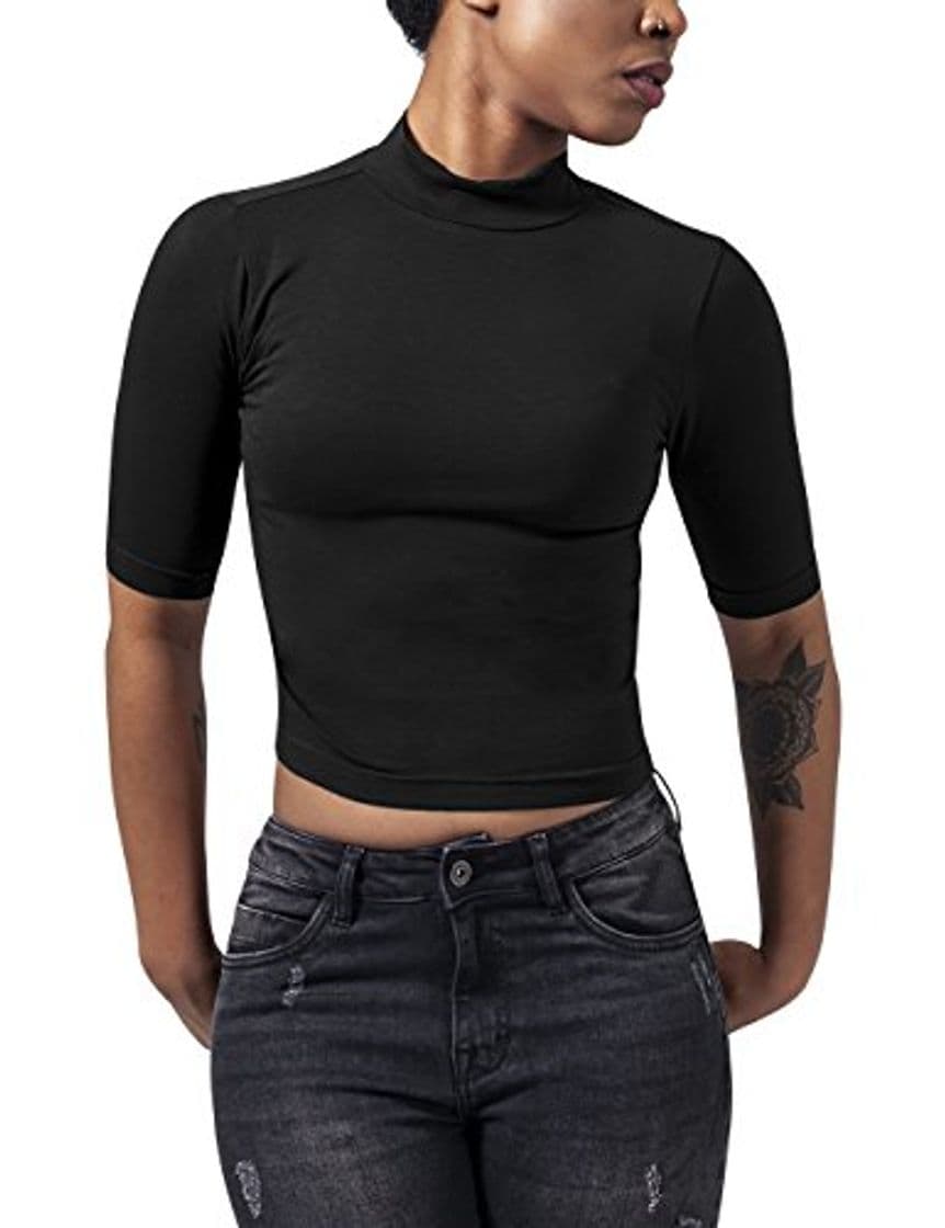 Moda Urban Classics Ladies Cropped Turtleneck tee Camiseta, Negro