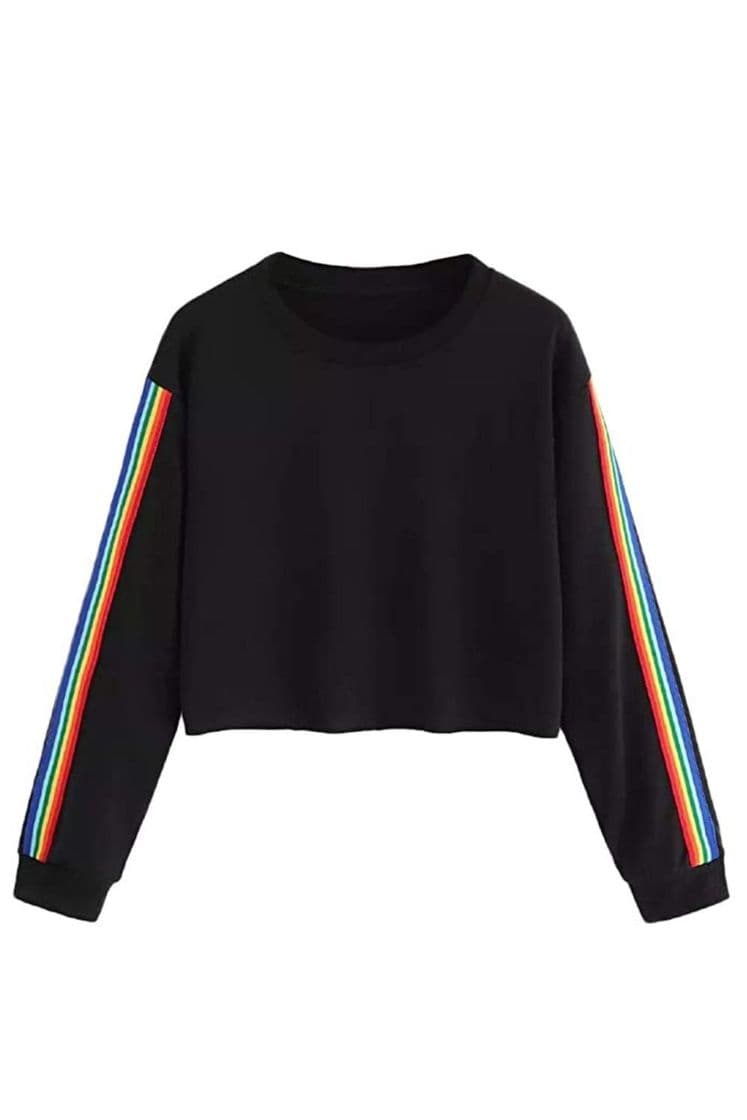 Fashion Mujer Casual Sudaderas Rayas Arcoiris Cortas Adolescentes Chicas Manga Larga Tumblr Patchwork