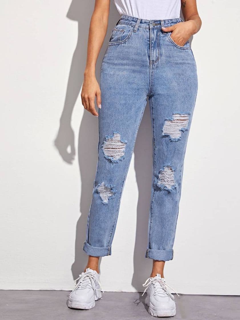 Moda 💠jeans rasgados high waist