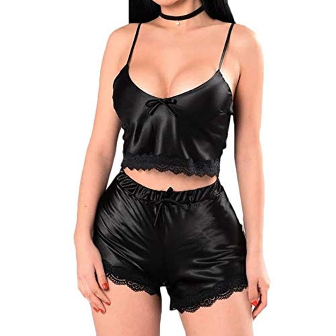 Fashion Erotica Ropa Interior Lenceria Conjunto De Ropa De Dormir Sexy De Satén De Encaje Satinado Con Cuello En V Y Pantalones Cortos De Lencería Conjunto De Ropa De Dormir De Encaje De Satén Sexy Para Muj