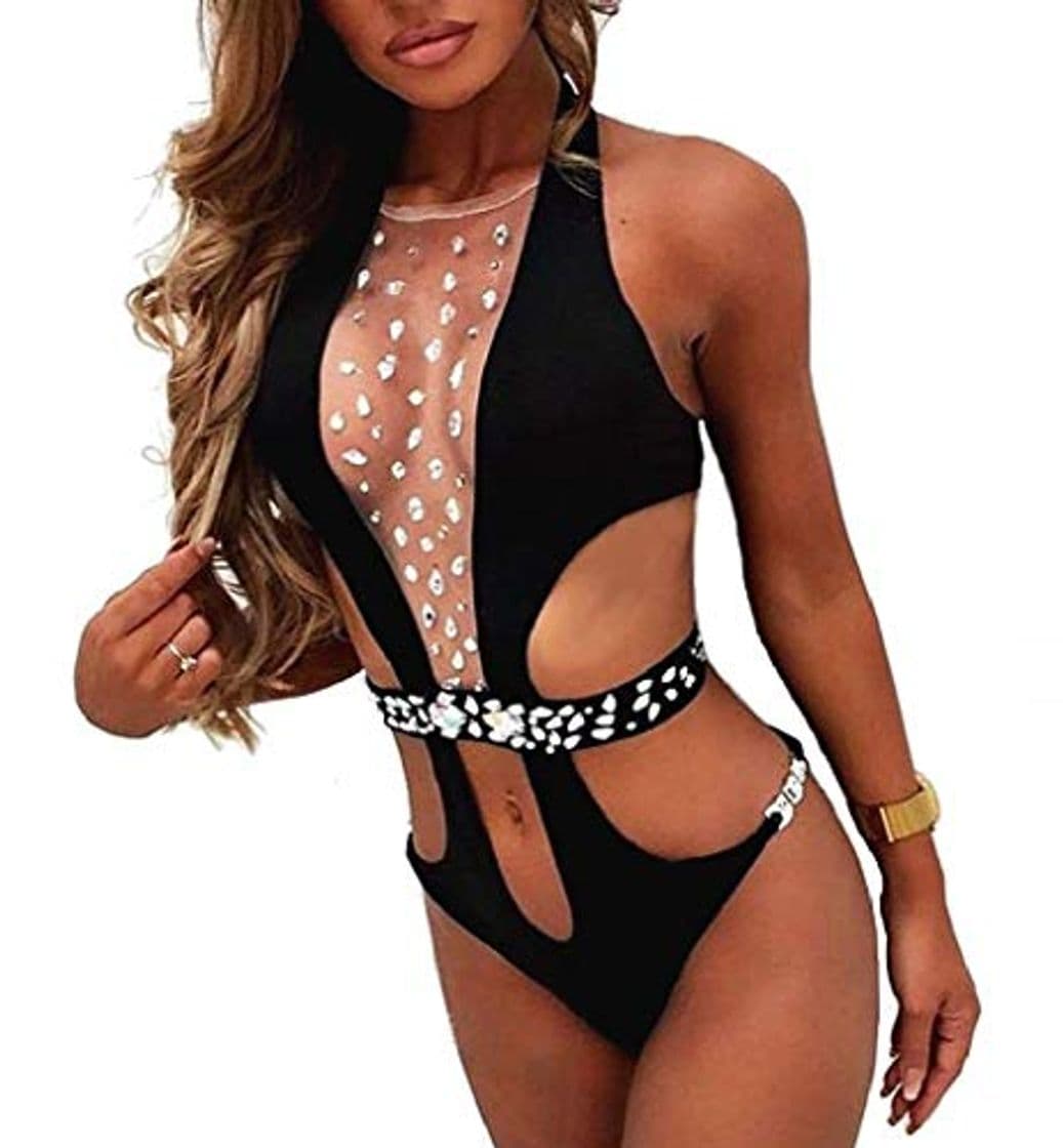 Fashion EVRYLON Traje de Mujer Completo mar Transparente Aplicaciones Trajes de baño Talla L Color Negro Idea cumpleaños Sexy Hot Bikini