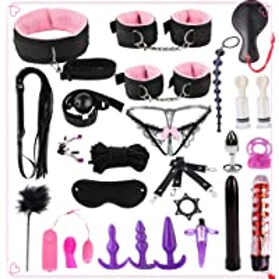 Fashion DanTanes Kit De Cuero Portátil Esposas con Esposas Grilletes Y Collar con Cadena Ajustable Negro Rosa