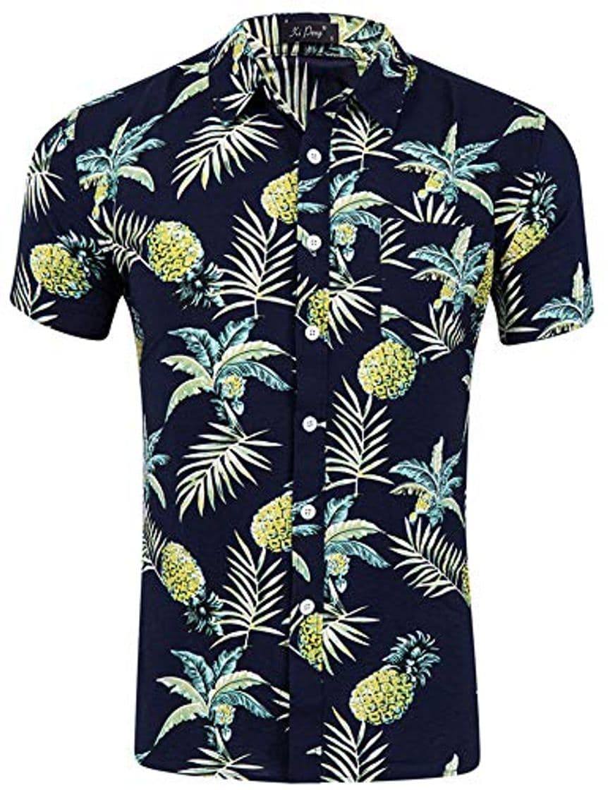 Fashion Loveternal Funky Camisa Casual Botón Abajo Camisa Hawaiana Camisas Verano Hombre Algodón de Manga Corta 3D Camisa Piña Negro XL