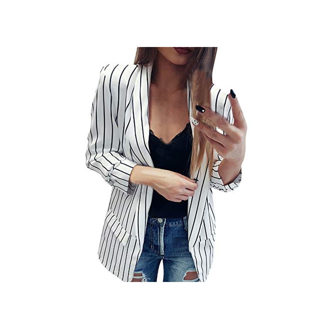 Moda OverDose mujer De Manga Larga A Rayas con Estilo Duster Blazer Chaqueta