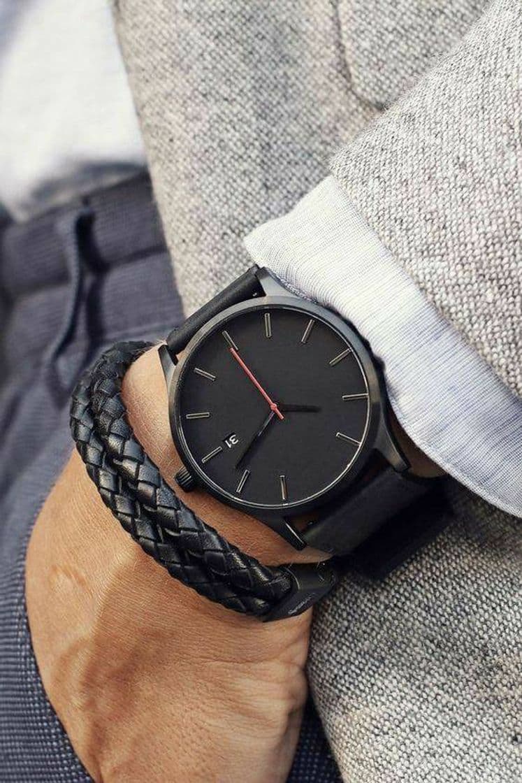 Moda Relógio masculino preto e pulseira em couro black