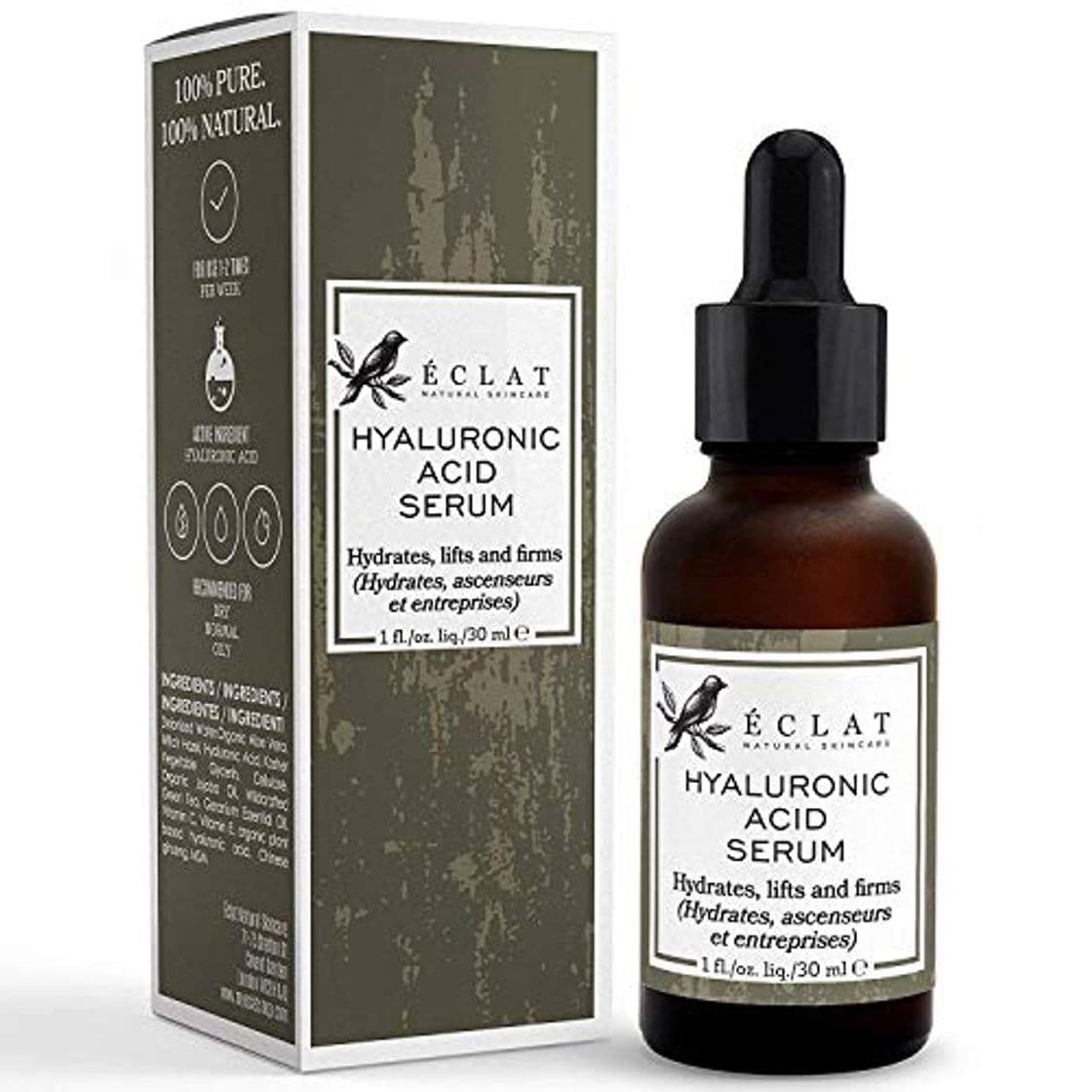 Product Sérum Ácido Hialurónico Eclat – Hidratante de Ácido Hialurónico puro 100% Sérum Antiedad para Eliminar Líneas de Expresión y Arrugas Hidratación Suave y Fácil Absorción Para Rostro y Ojos