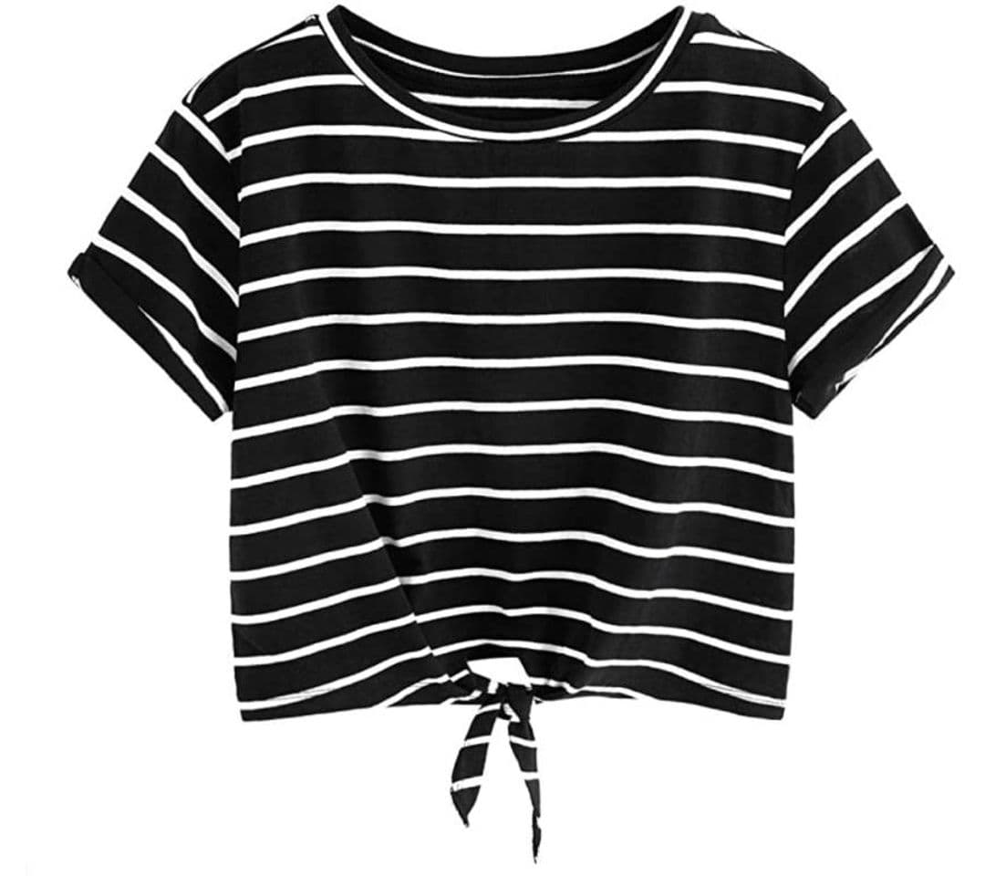 Fashion Women's Knot Front Cuffed Sleeve Striped Crop Top Tee T