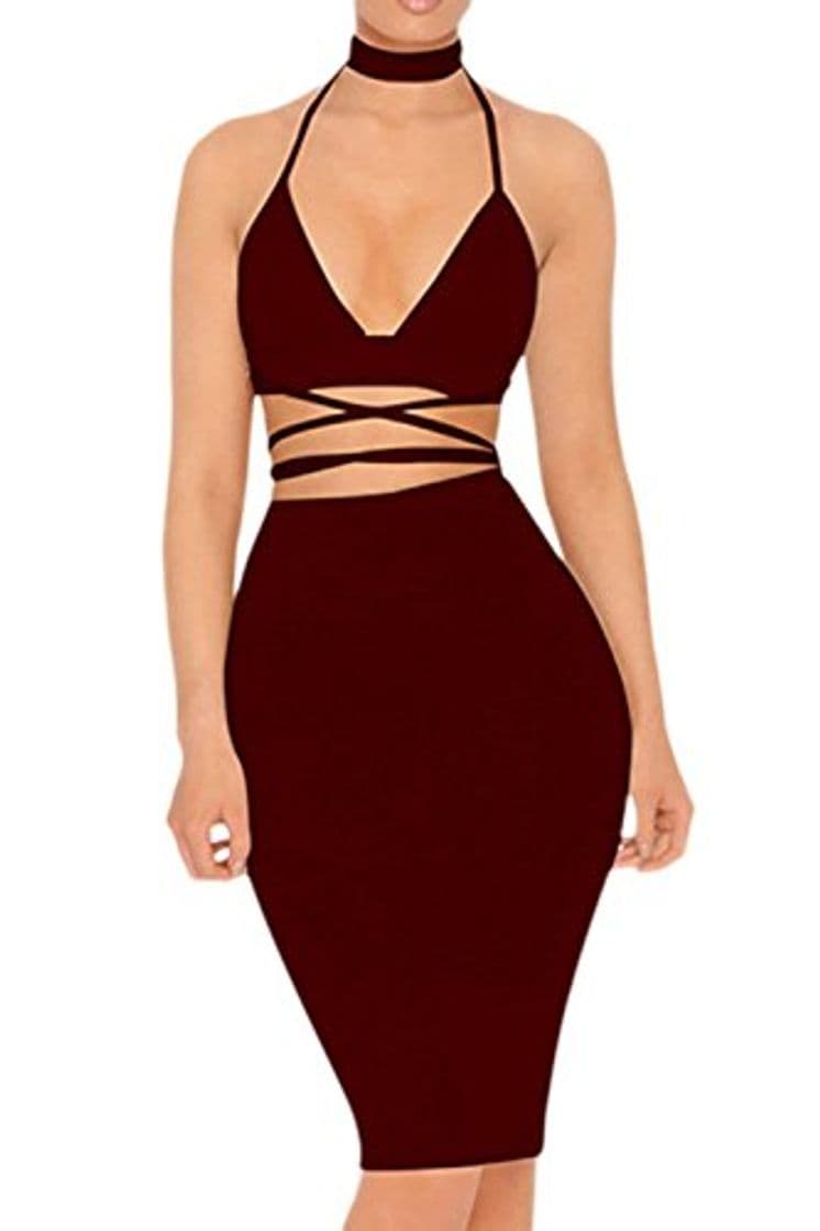 Fashion Vestidos De Fiesta Mujer 2 Piezas Conjunto Verano Sexy Bodycon Apretado Sin Mangas De Vendaje Discoteca Midi Crop Top y Falda Conjuntos Rojo XS