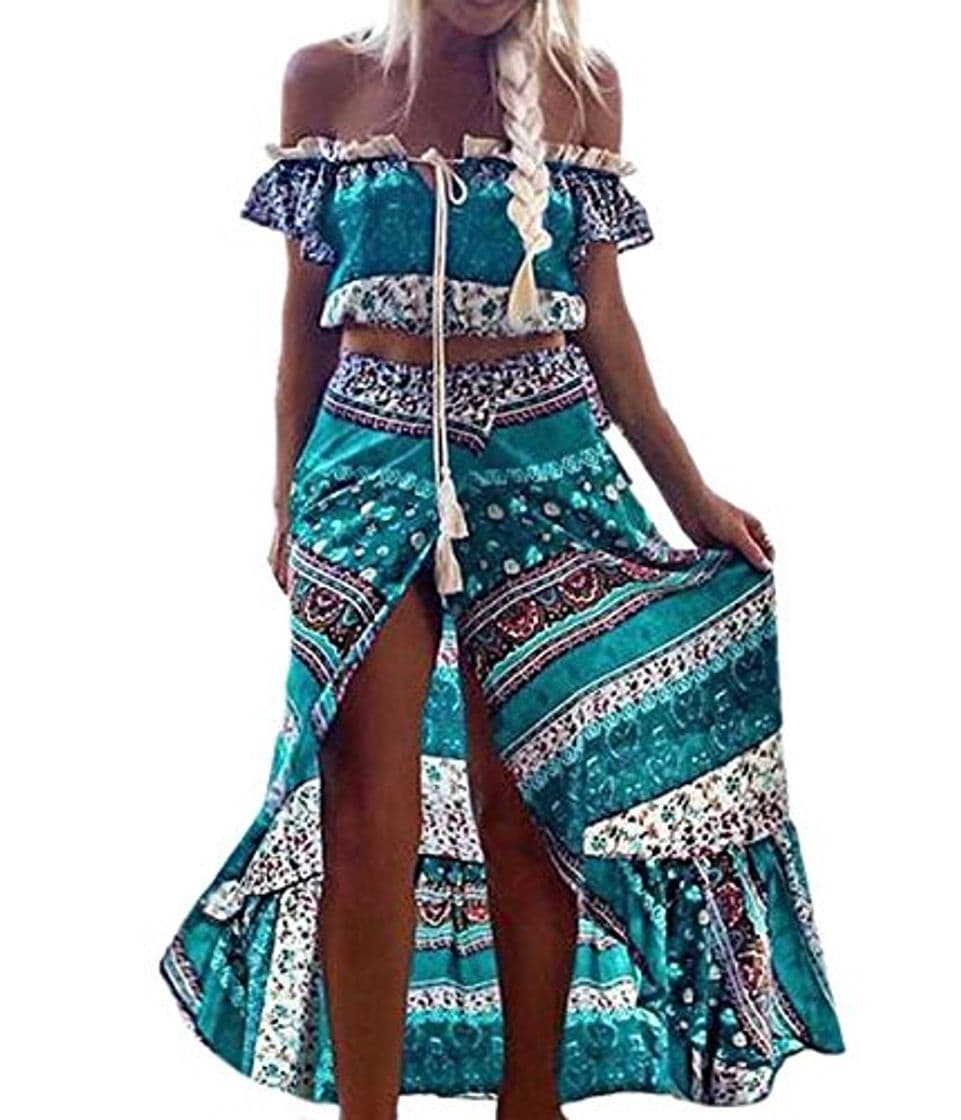 Fashion Conjuntos Mujer Verano Elegantes Manga Corta Cuello Barco Crop Tops Y Faldas Largas Vintage Hippies Estilo Etnico Boho Impresión Falda Ropa Vestidos Playa 2 Piezas Conjunto