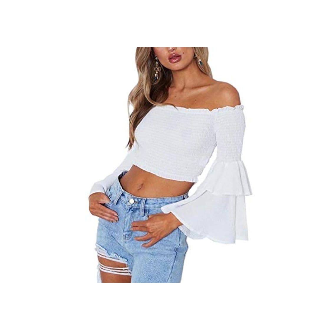 Fashion OUFour Primavera Otoño Mujeres Crop Tops Sexy Cuello Barco Cuerno Manga Camisetas