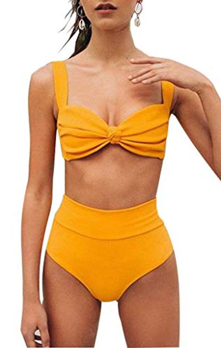 Moda CheChury Mujer Color Sólido Conjunto de Frill Bikini Talle Alto Trajes de baño Dos Piezas Grandes Sexy Vintage Vientre Plano Bañadores Push Up Bañador