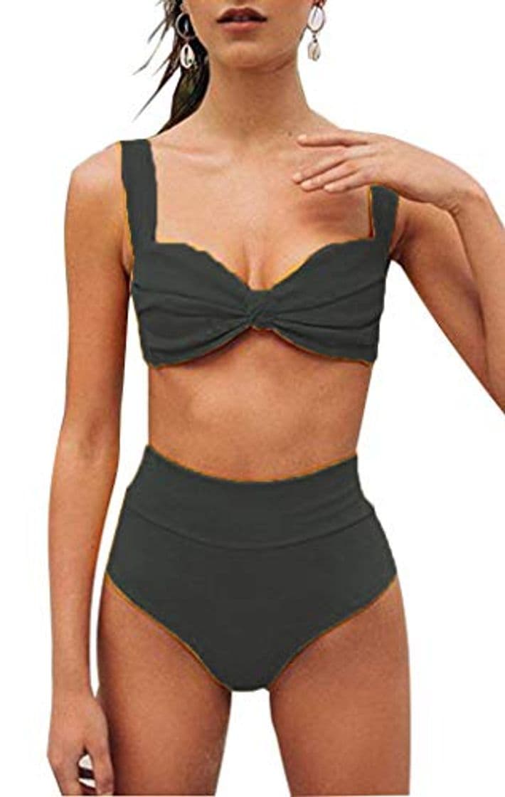 Moda CheChury Mujer Color Sólido Conjunto de Frill Bikini Talle Alto Trajes de baño Dos Piezas Grandes Sexy Vintage Vientre Plano Bañadores Push Up Bañador