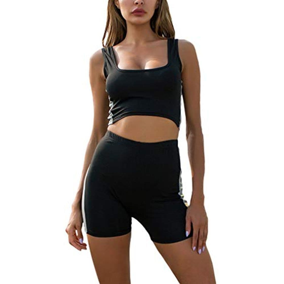 Fashion Kunfang Sexy Flaco Corto de Dos Piezas Conjunto Crop Tops y Biker Shorts Bodycon Conjuntos a Juego Ropa de Rayas Reflectante de Neón Elástico para Mujeres