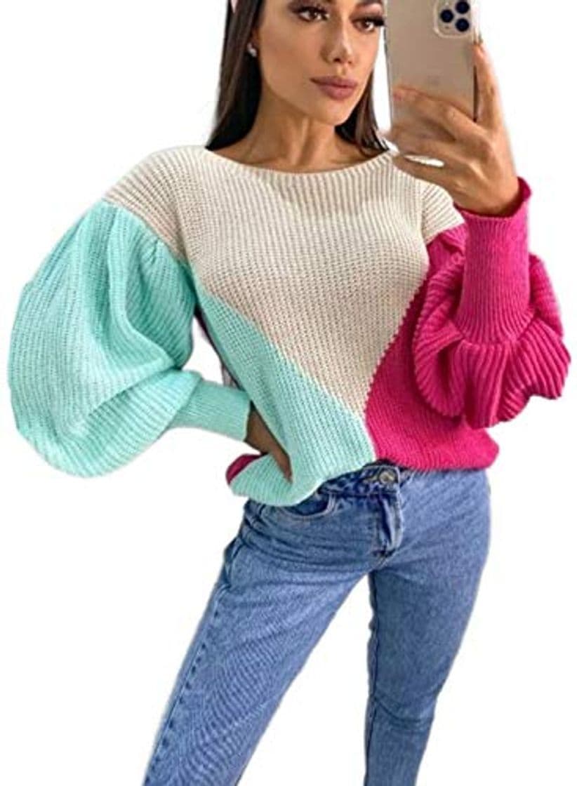 Moda Women Long Sleeve Tshirts Ladies Jumpers Baseball Tops Round Neck Striped Pullover Tricot Tricolor Manga Bufante Off Verde Água E Rosa