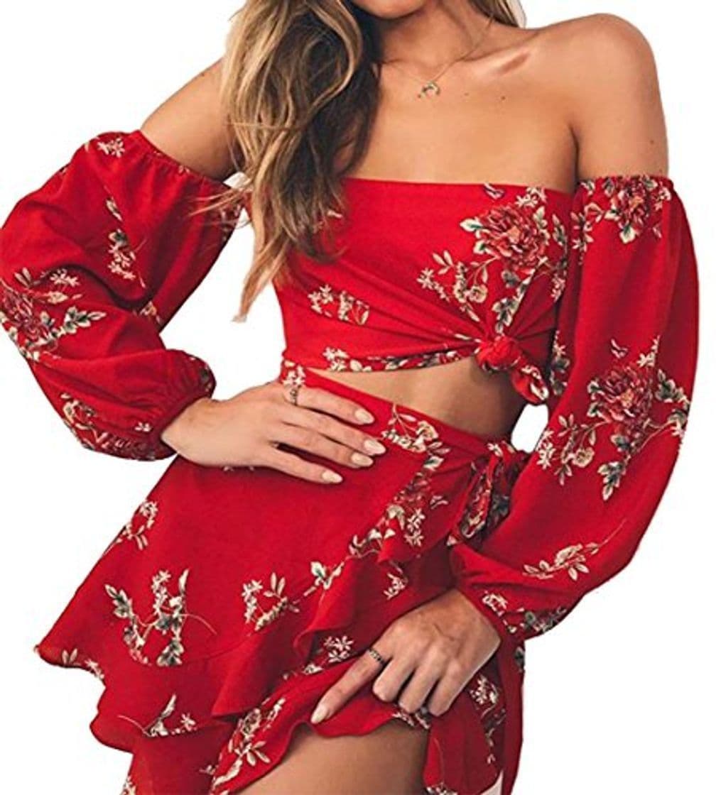 Moda Longwu Mujer Boho Flower Impreso Off Shoulder Outfits Conjunto de Dos Piezas