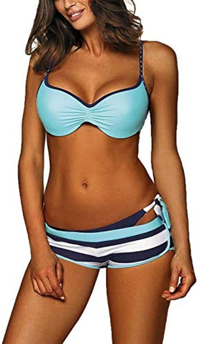 Fashion CheChury Mujer Conjuntos De Bikini Cuello Hálter Push up Trajes de Baño de Tres Piezas con Bañador Natacion Shorts Tangas Retorcido Bikini para Damas