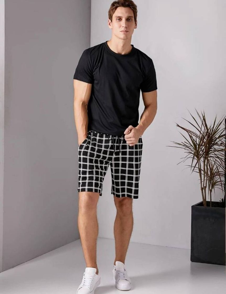 Moda Conjunto hombre shorts negros con cuadros 