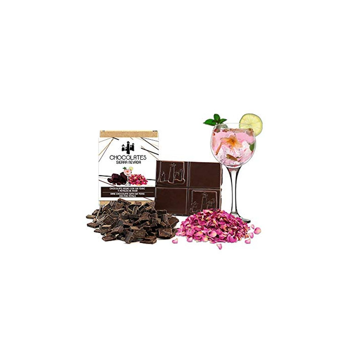 Producto Tableta de chocolate negro con gin tonic y pétalos de rosa 75gr