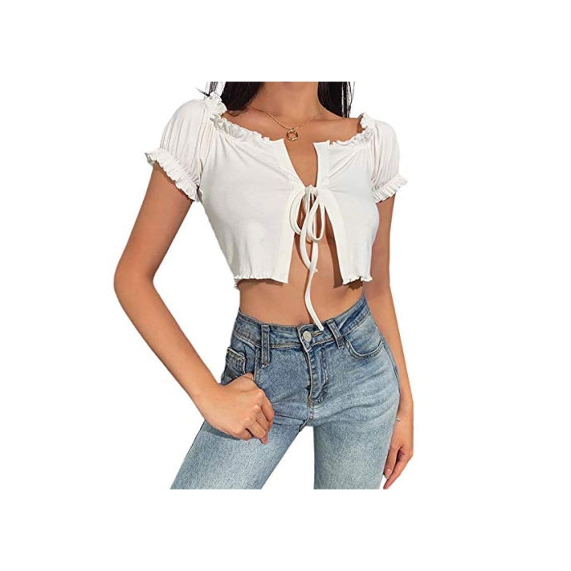 Fashion Mujer Abierto Frente Abierto Nudo Crop Top Manga Puff RuffleBolero Cardigan Tie Up Shrug Top Manga Corta Abierto