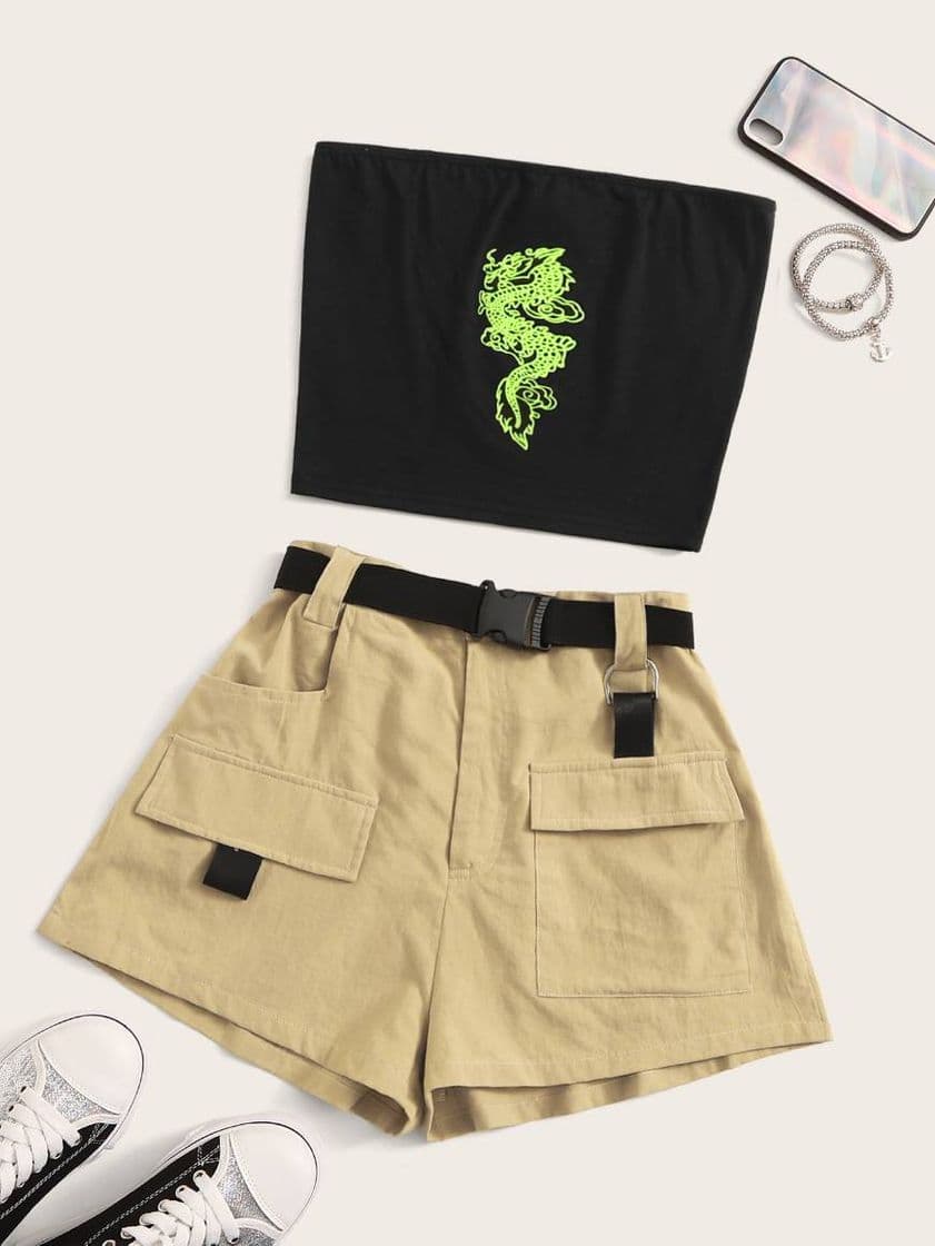 Fashion Conjunto dragón y shorts con hebilla