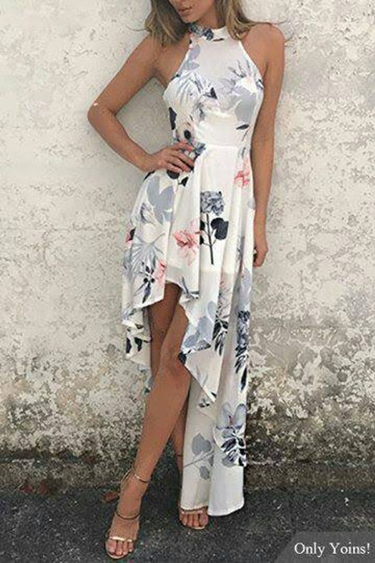 Fashion White Sexy Random Floral Print Irregular Hem Dress