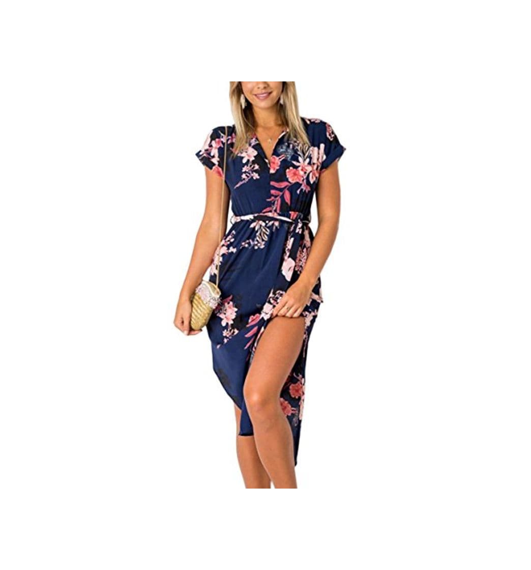 Fashion ECOWISH Vestido de verano casual con cuello en V estampado floral geométrico estampado Azul azul L