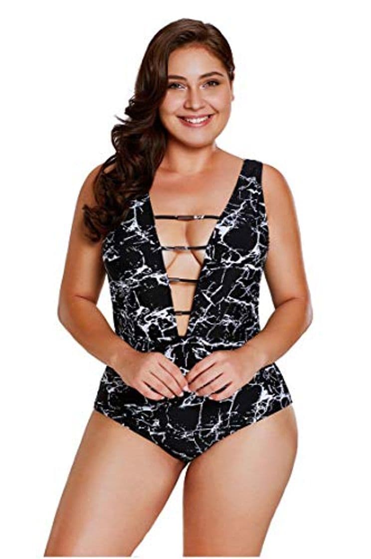 Fashion Traje de baño de las mujeres Trajes de baño de talla grande para mujeres Hollows de corte bajo con cuerdas y patrones impresos Decoraciones Cintura alta Sin respaldo Una pieza Sexy Bikini Holiday Traj