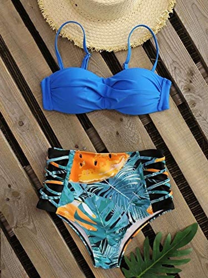 Fashion Hermosa y encantadora De cintura alta Bikini de 2020 nuevos atractivos superior azul de las hojas impresas inferior del traje de baño de las mujeres ata for arriba el traje de baño ropa de playa Biqui