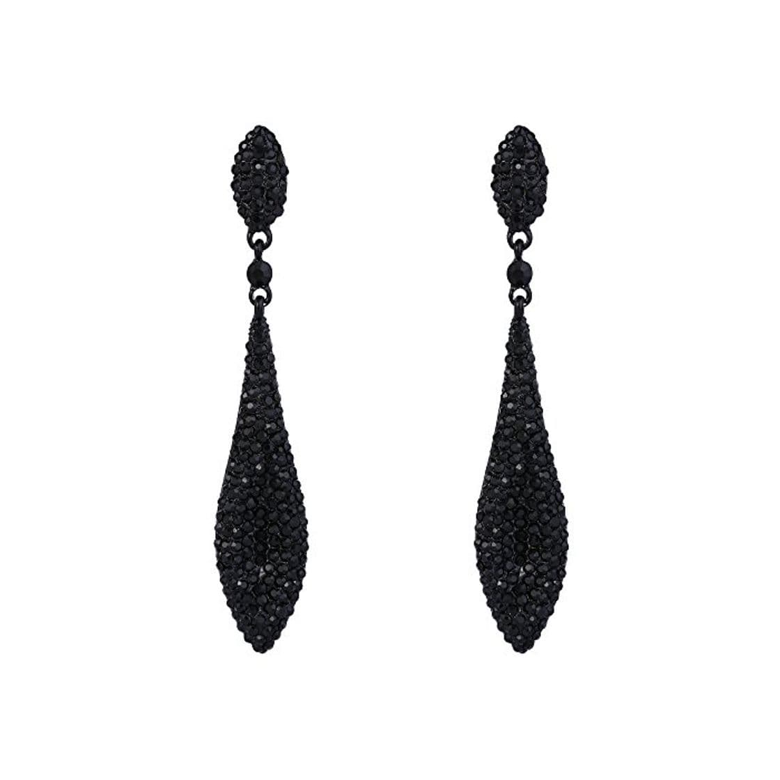 Fashion EVER FAITH Pendientes Mujer Hoja Afilada Rhinestone Colgantes Aretes Elegante Retro Tono Negro