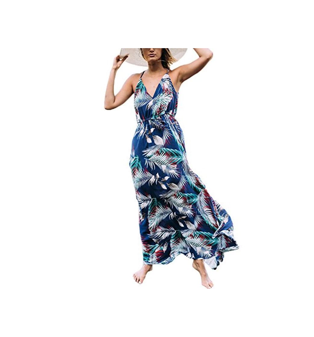 Moda Auxo Vestido Largo Verano Mujer Impresión Floral Vestidos Bohemios Sin Mangas Cuello V Vestido Playa Largo Tirantes Azul L