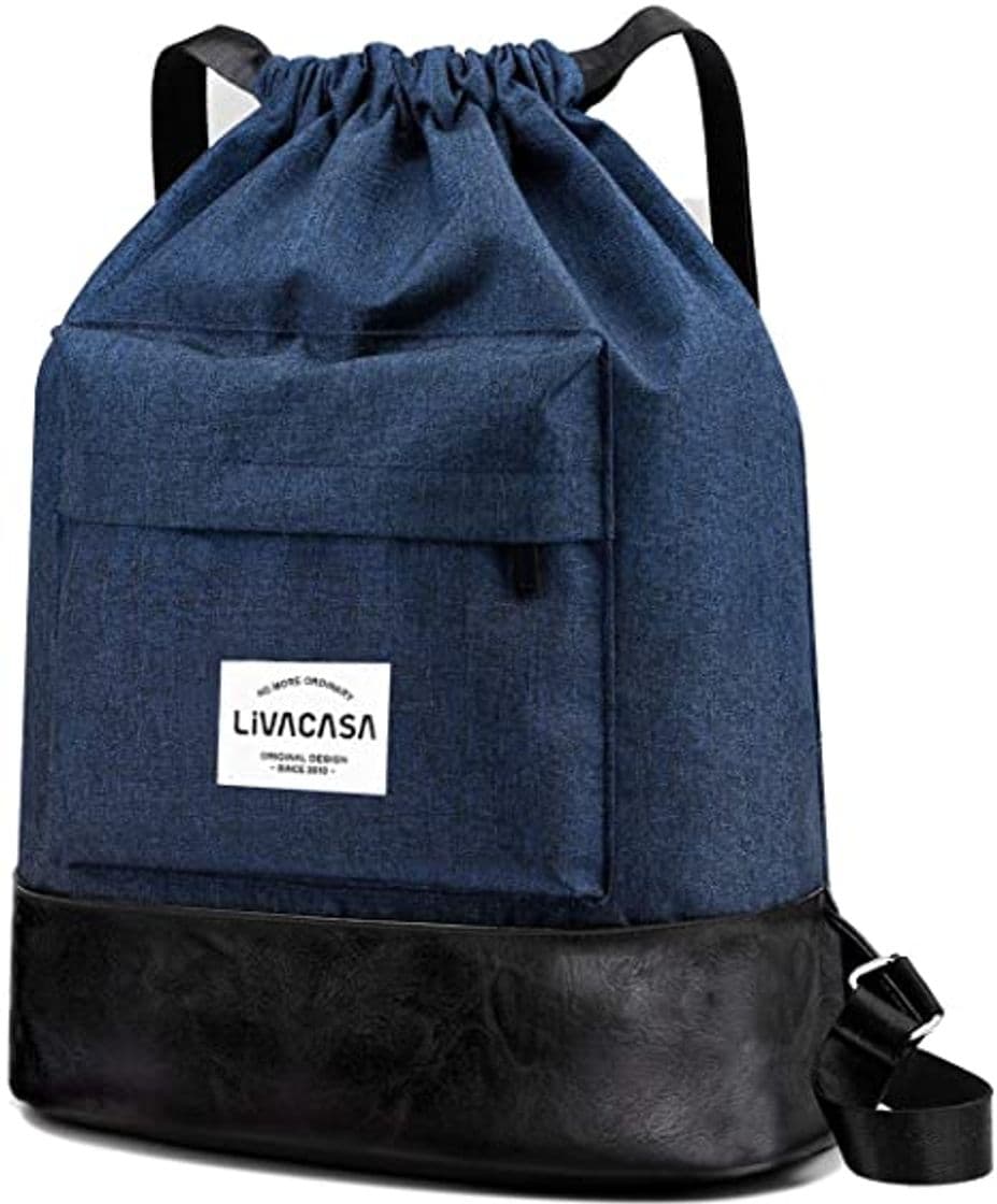 Fashion LIVACASA Mochilas de Cuerdas Hombre Mujer Grandes Bolsas de Cuerdas Gimnasio Cordones Cómodos Ajustable con Malla de Bolsillos para Botellas y Bolsillo Laterial Delantero A Prueba de Agua Negro