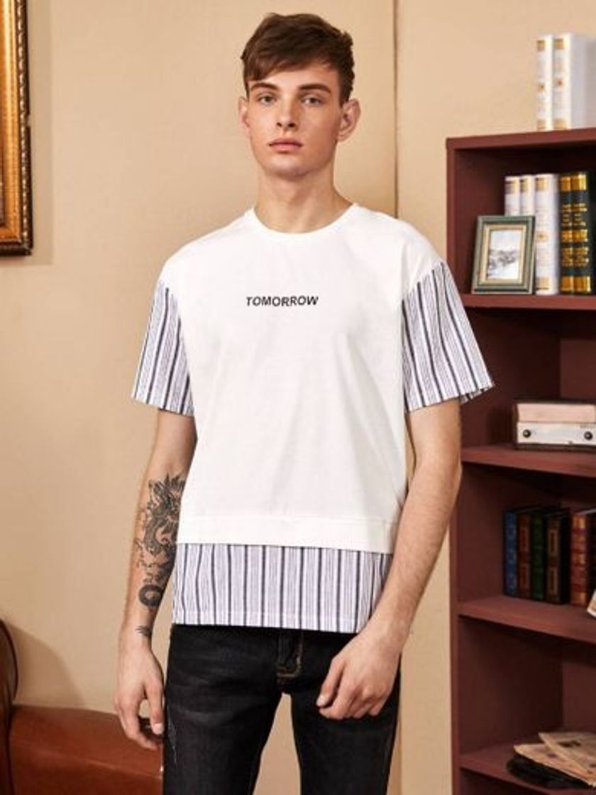 Fashion Camiseta con estampado de letras y rayas en contraste 🤭🔥 