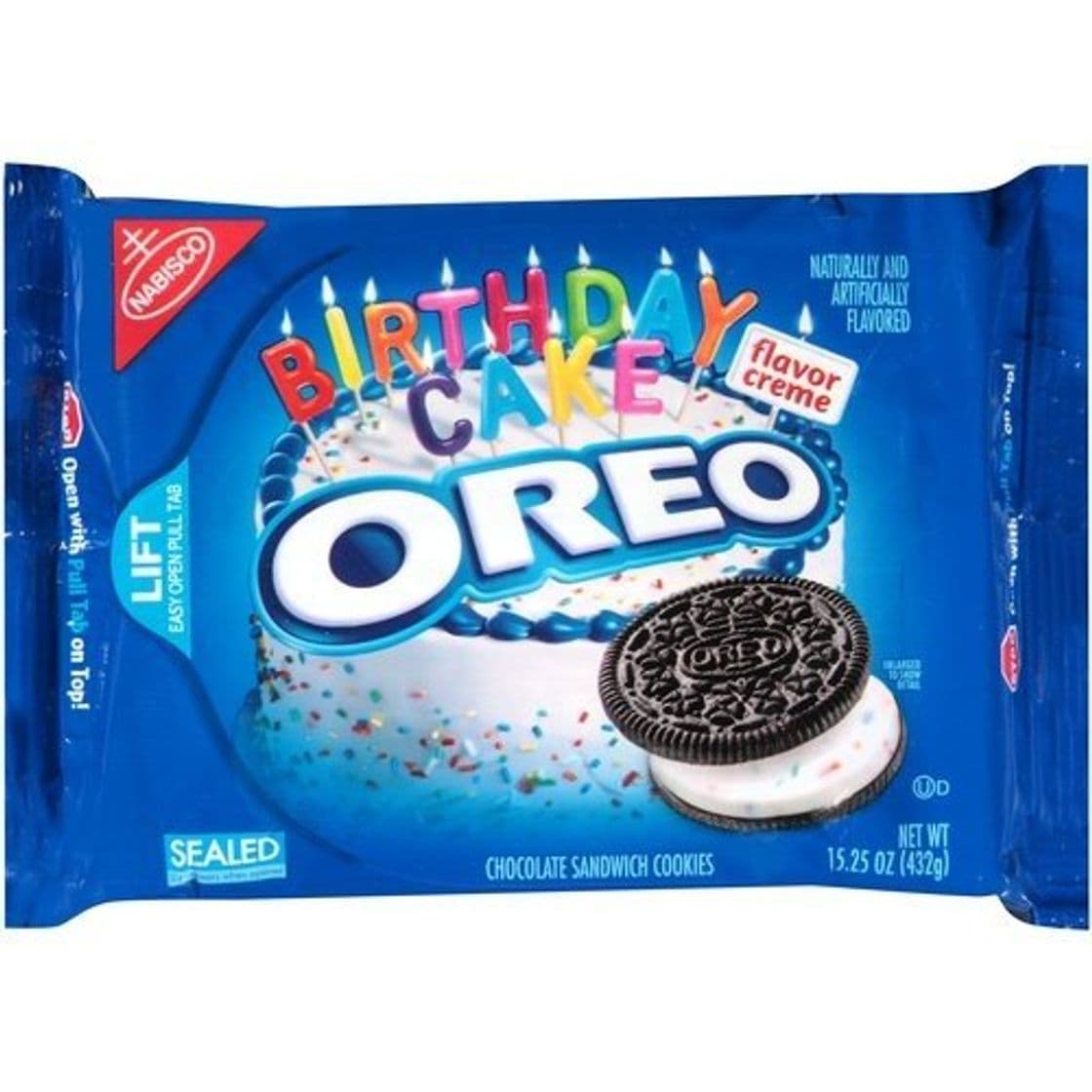 Lugar Nabisco, Oreo, Birthday Cake Creme, Chocolate Cookie, 15.25oz Bag