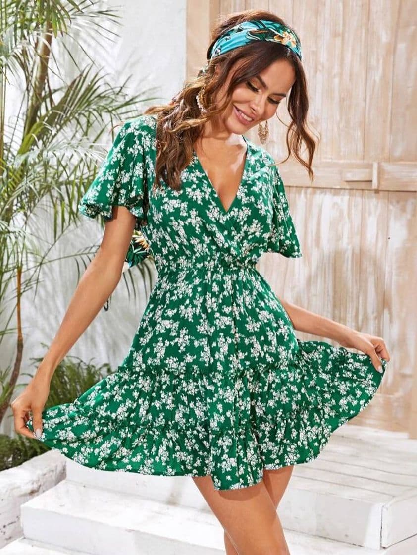 Fashion Verde Plissado Florzinhas Boho Vestido

