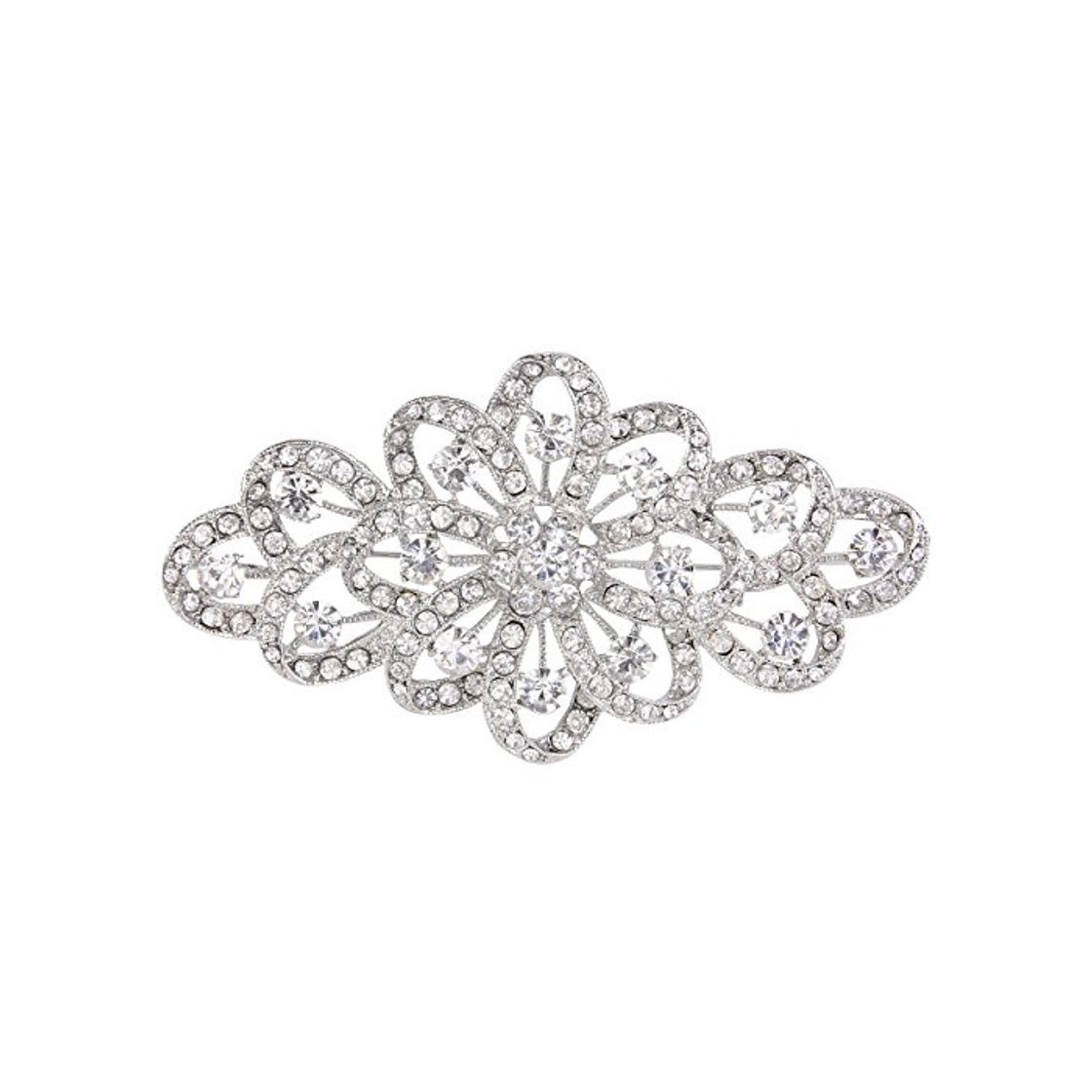 Fashion EVER FAITH Broche para Mujer Cristal Austríaco 4 Inch Flor Filigrana Boda Claro Tono Plateado