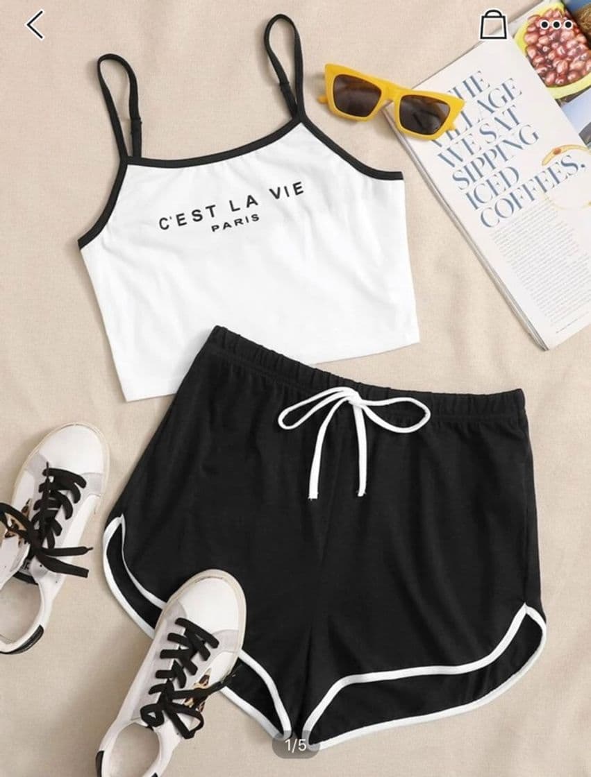 Fashion Conjunto Top de tirantes con estampado de letra con shorts 