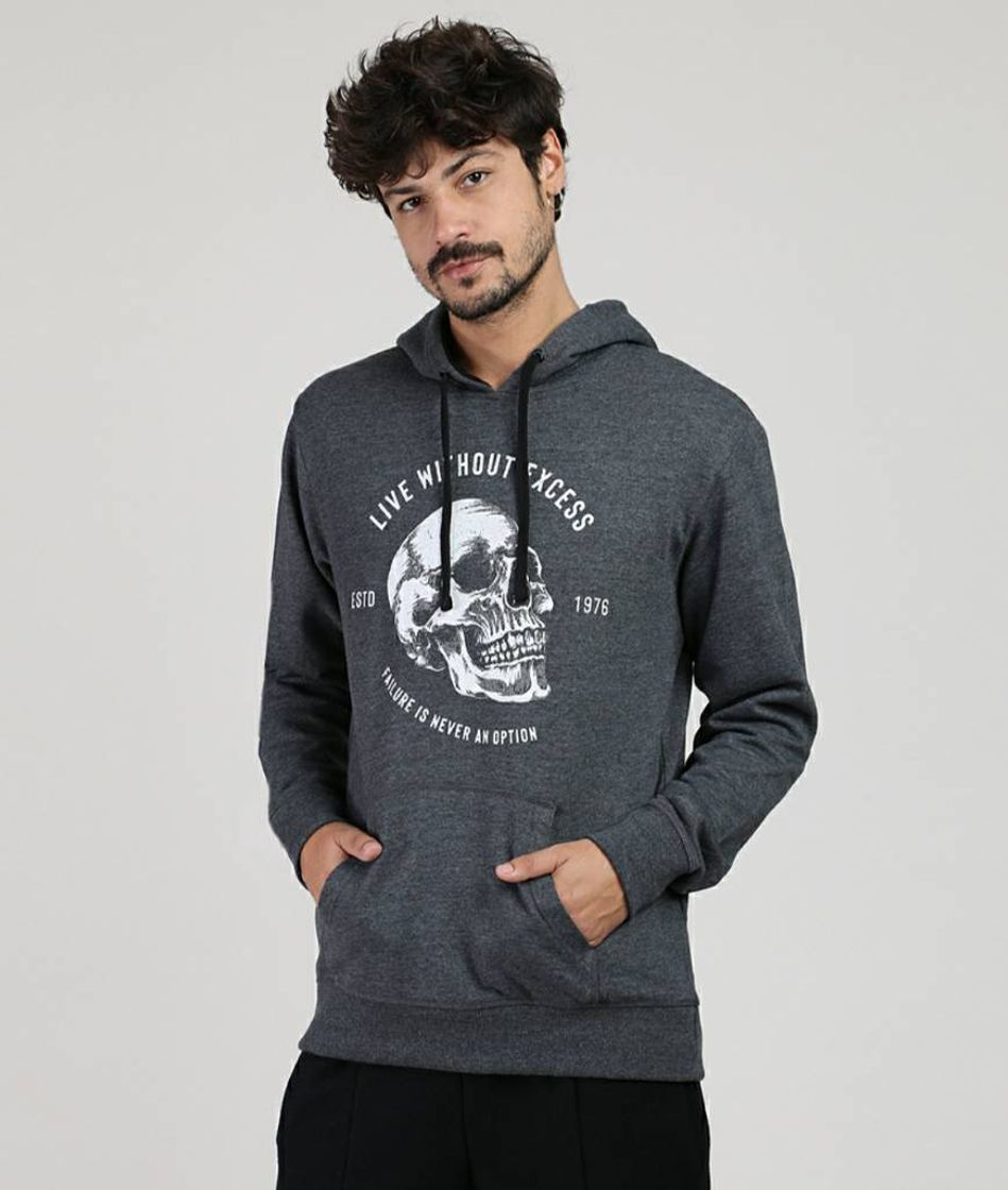 Fashion Blusão Masculino Caveira em Moletom com Capuz e Bolso Cinza