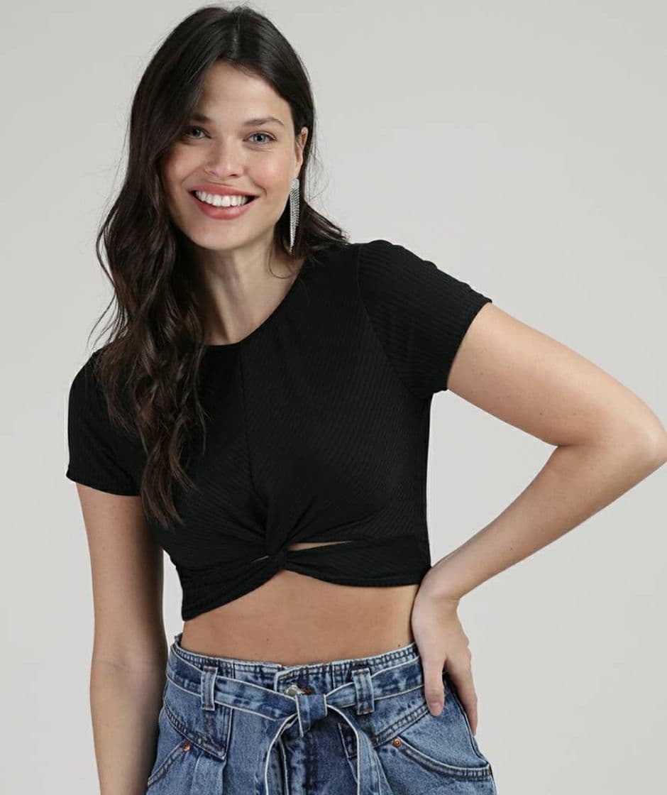 Fashion Blusa Feminina Cropped Canelada com Nó Manga Curta Decote ...