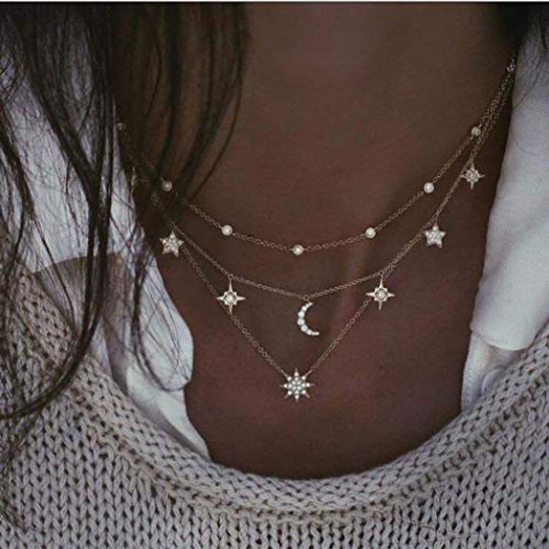 Moda Collar de múltiples capas para mujer con colgante de luna para mujeres