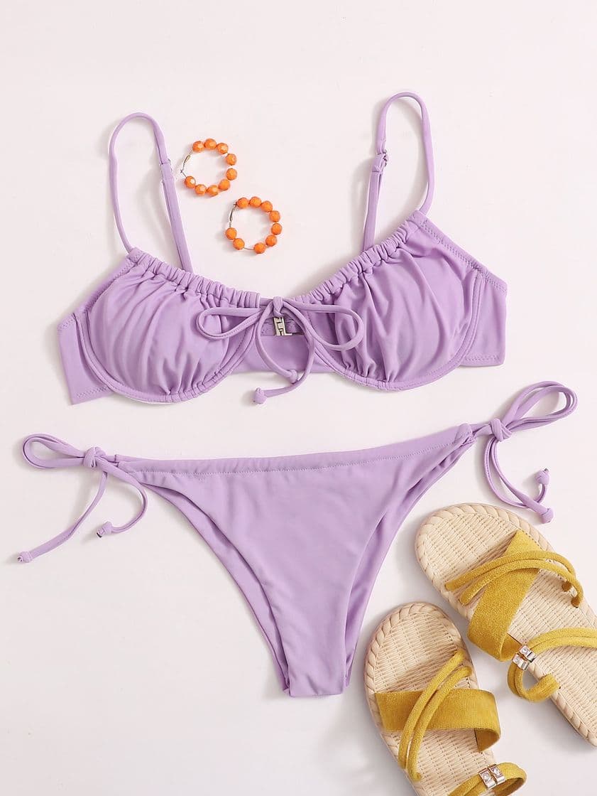 Fashion Bikini drapeado liso morado 