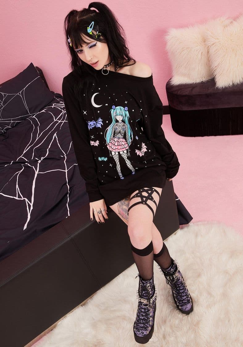 Fashion Widow Anime Goth Graphic Tee - Long Sleeve Black