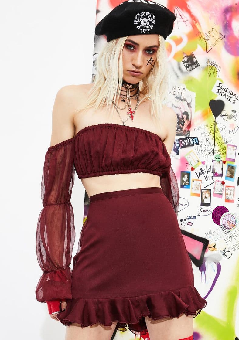 Fashion Current Mood Tulle Crop Top - Maroon Red