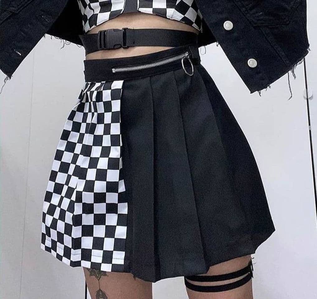 Moda Mini falda plisada harajuku negra con cuadros