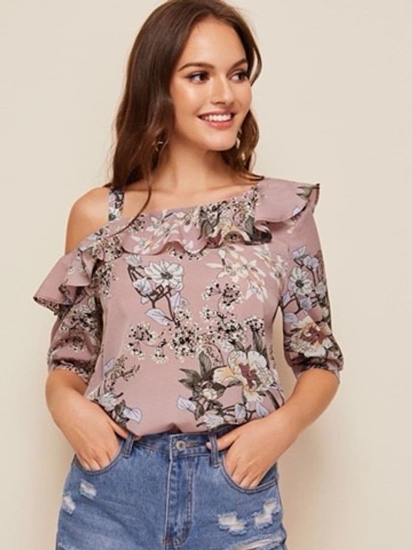 Moda Floral Print Assymetrical Neck Ruffle Foldover Top